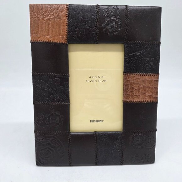 Pier 1 Imports Brown & Tan Patchwork Faux Leather Picture Frame 4"x6" - Picture 1 of 11